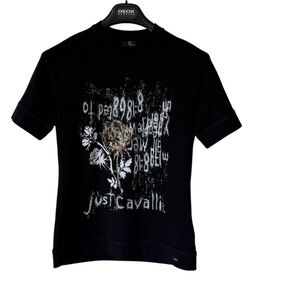 Vintage Just Cavalli Black Tee Graphic embroidered raglan short sleeves unisex S